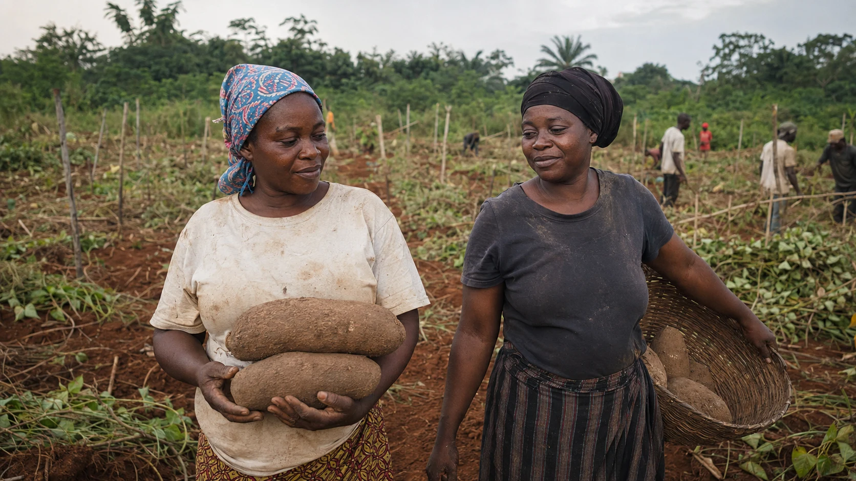 Two farmers after a yam harvest, one carrying two yams and the other holding a woven basket.
