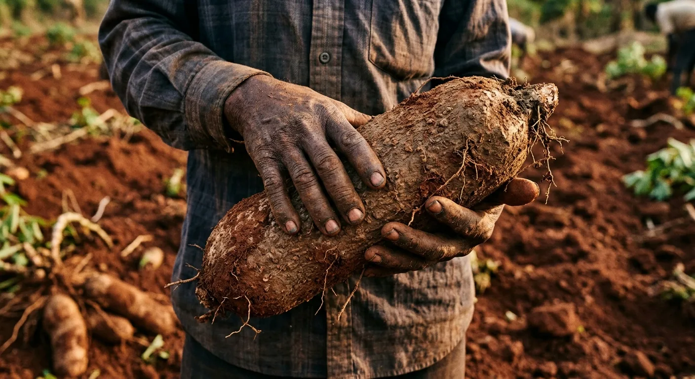 A farmer's hands holding freshly harvested yams covered in soil.