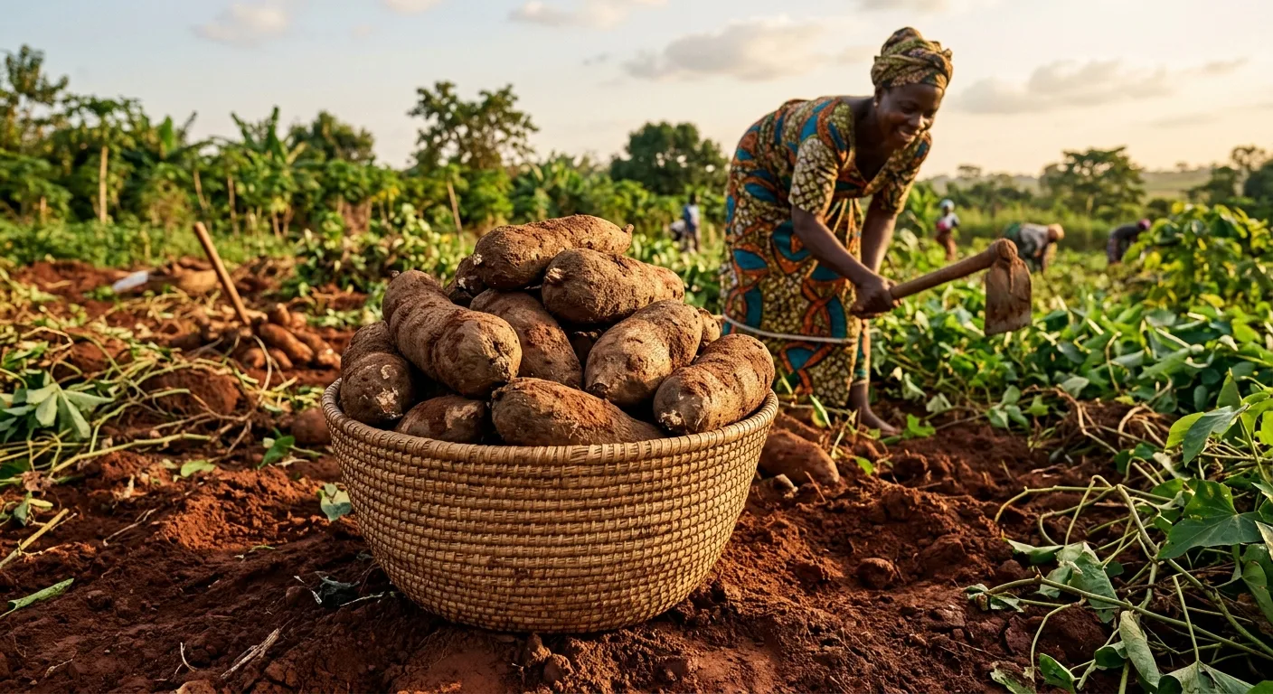 A basket of harvested yams in a farm field with a farmer working behind it.