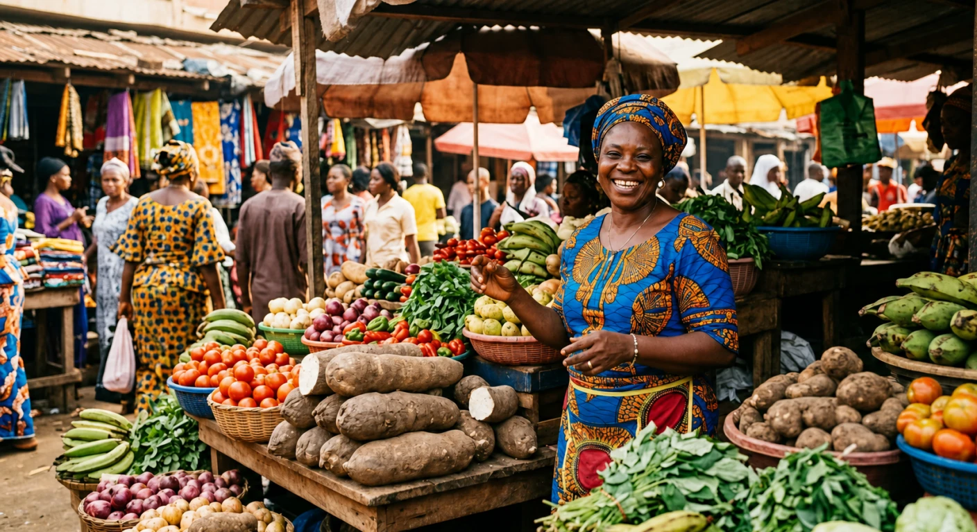 A market vendor standing among yams, vegetables and fruit.