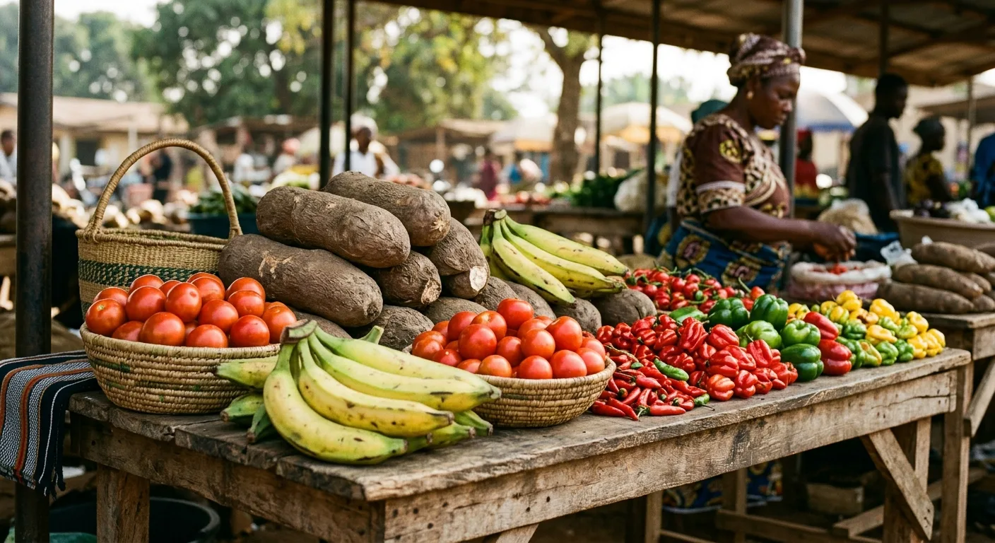 A market table arranged with yams, tomatoes, plantains and peppers.